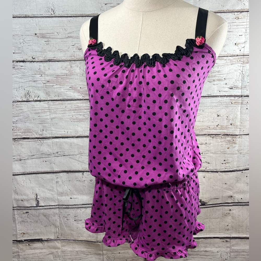 BETSEY JOHNSON Sleep Romper Magenta w Black Polka Dots-Small